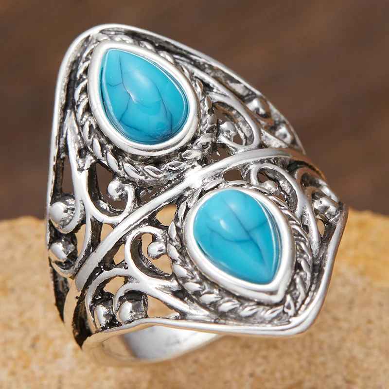 Retro Bohemian Silver Color Turquoise Branch Ring