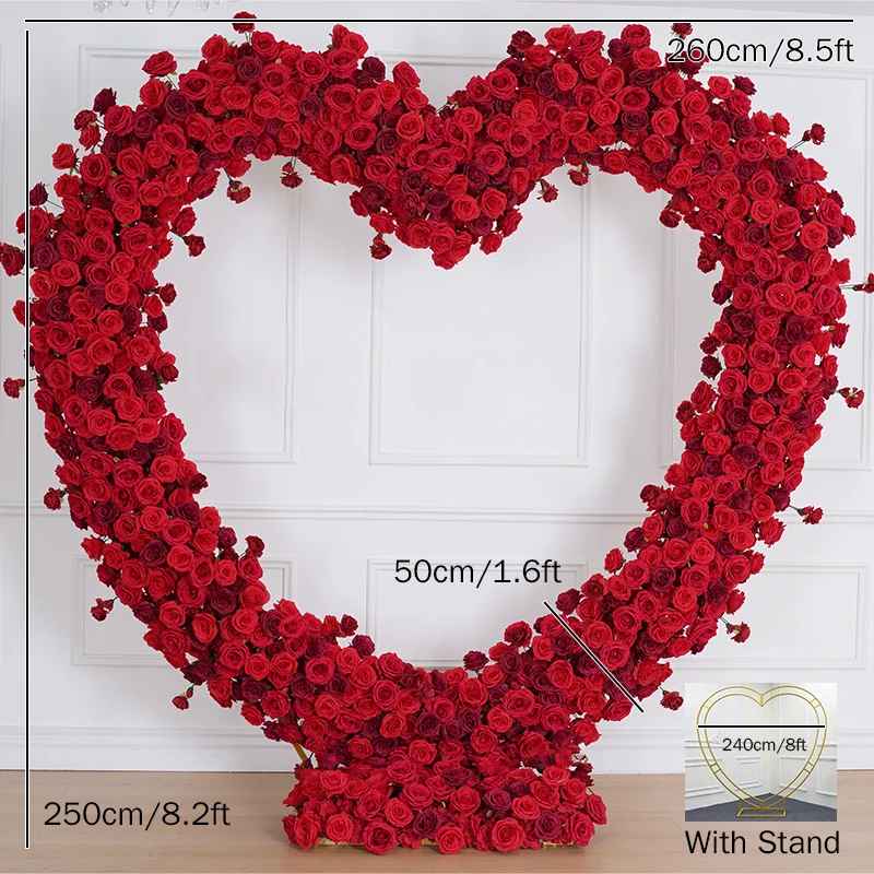 Luxury 5D Red Floral Arrangement with Heart-Shaped Frame Wedding Backdrop Decor