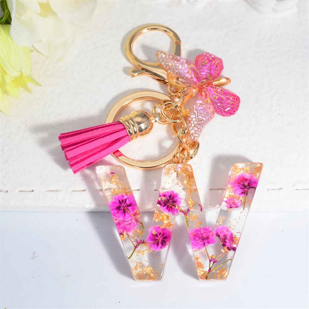 Exquisite Pink Dry Flower Resin A to Z Initial Keyring – Keychain with Butterfly Tassel