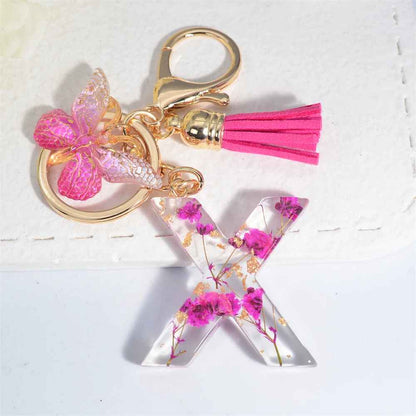 Exquisite Pink Dry Flower Resin A to Z Initial Keyring – Keychain with Butterfly Tassel