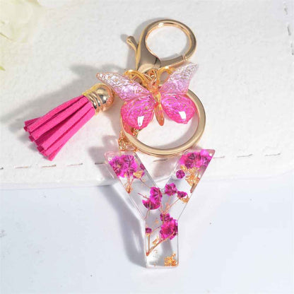 Exquisite Pink Dry Flower Resin A to Z Initial Keyring – Keychain with Butterfly Tassel