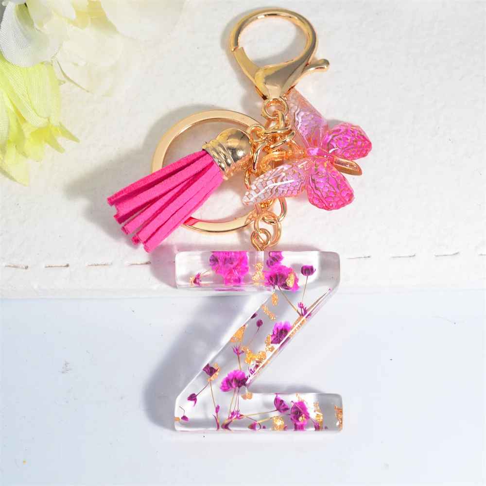 Exquisite Pink Dry Flower Resin A to Z Initial Keyring – Keychain with Butterfly Tassel