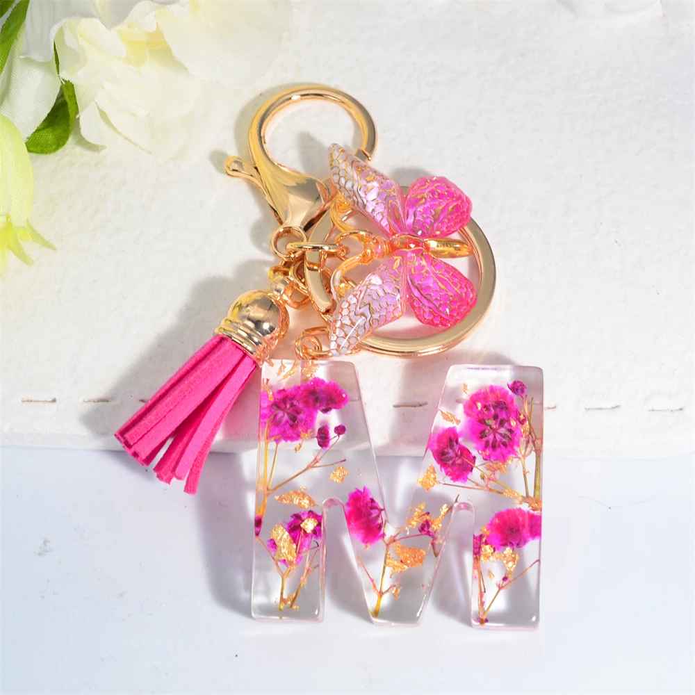 Exquisite Pink Dry Flower Resin A to Z Initial Keyring – Keychain with Butterfly Tassel