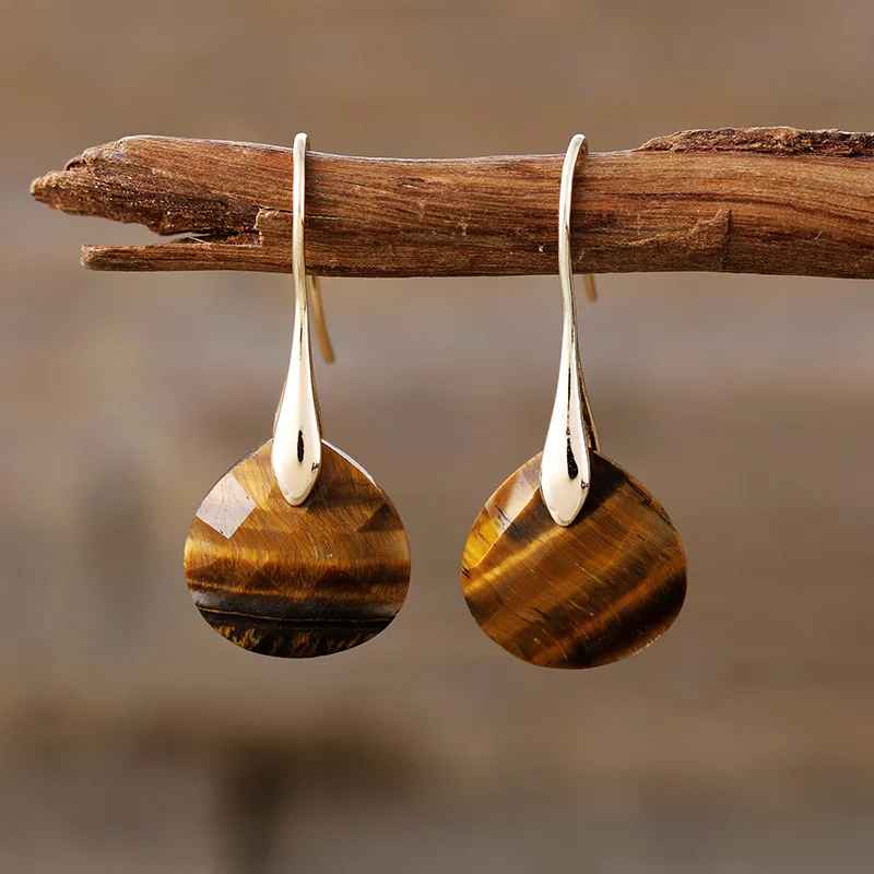 Minimalist Classy Gold Plated Tiger Eye Natural Stone Dangle Drop Earrings