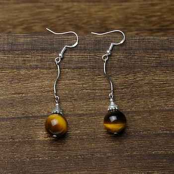 Elegant 12mm Natural Tiger Eye Beads Dangling Earrings