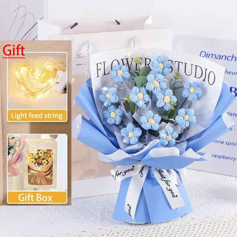 Sweet Crochet Flowers Bouquet with Gift Bag and LED String Lights