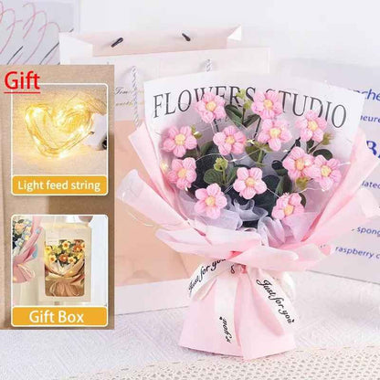 Sweet Crochet Flowers Bouquet with Gift Bag and LED String Lights