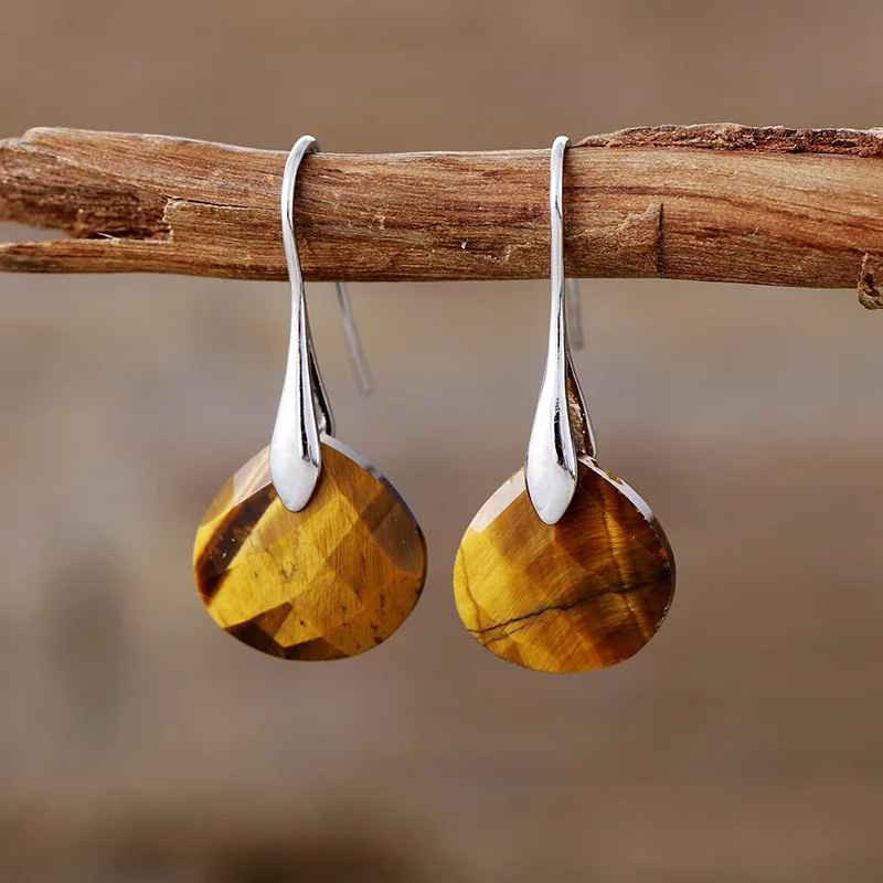 Minimalist Classy Gold Plated Tiger Eye Natural Stone Dangle Drop Earrings