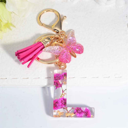 Exquisite Pink Dry Flower Resin A to Z Initial Keyring – Keychain with Butterfly Tassel