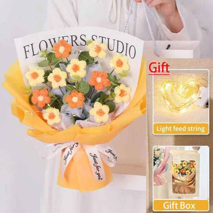 Sweet Crochet Flowers Bouquet with Gift Bag and LED String Lights