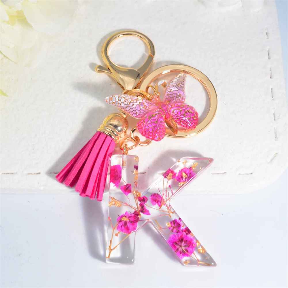 Exquisite Pink Dry Flower Resin A to Z Initial Keyring – Keychain with Butterfly Tassel