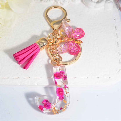 Exquisite Pink Dry Flower Resin A to Z Initial Keyring – Keychain with Butterfly Tassel