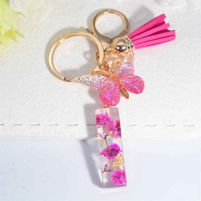 Exquisite Pink Dry Flower Resin A to Z Initial Keyring – Keychain with Butterfly Tassel