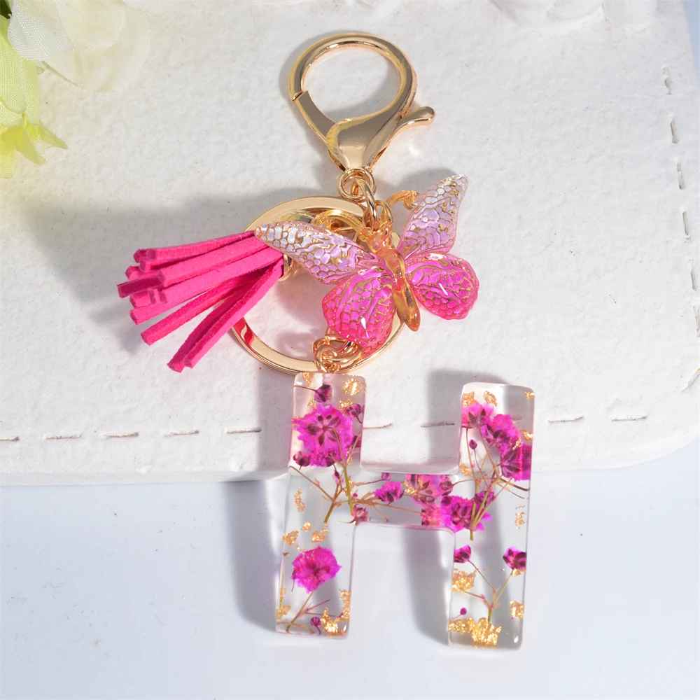 Exquisite Pink Dry Flower Resin A to Z Initial Keyring – Keychain with Butterfly Tassel