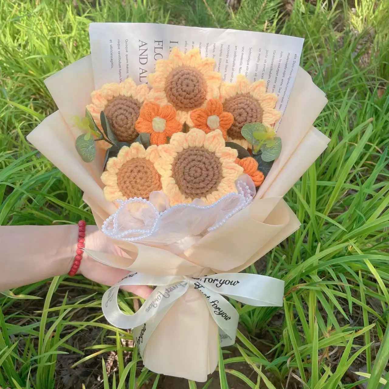 Artificial Cotton Strawberry Sunflower Knitted Flower Bouquet