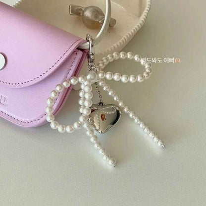 Lattice Ribbon Bowknot Pearls Heart Keychain