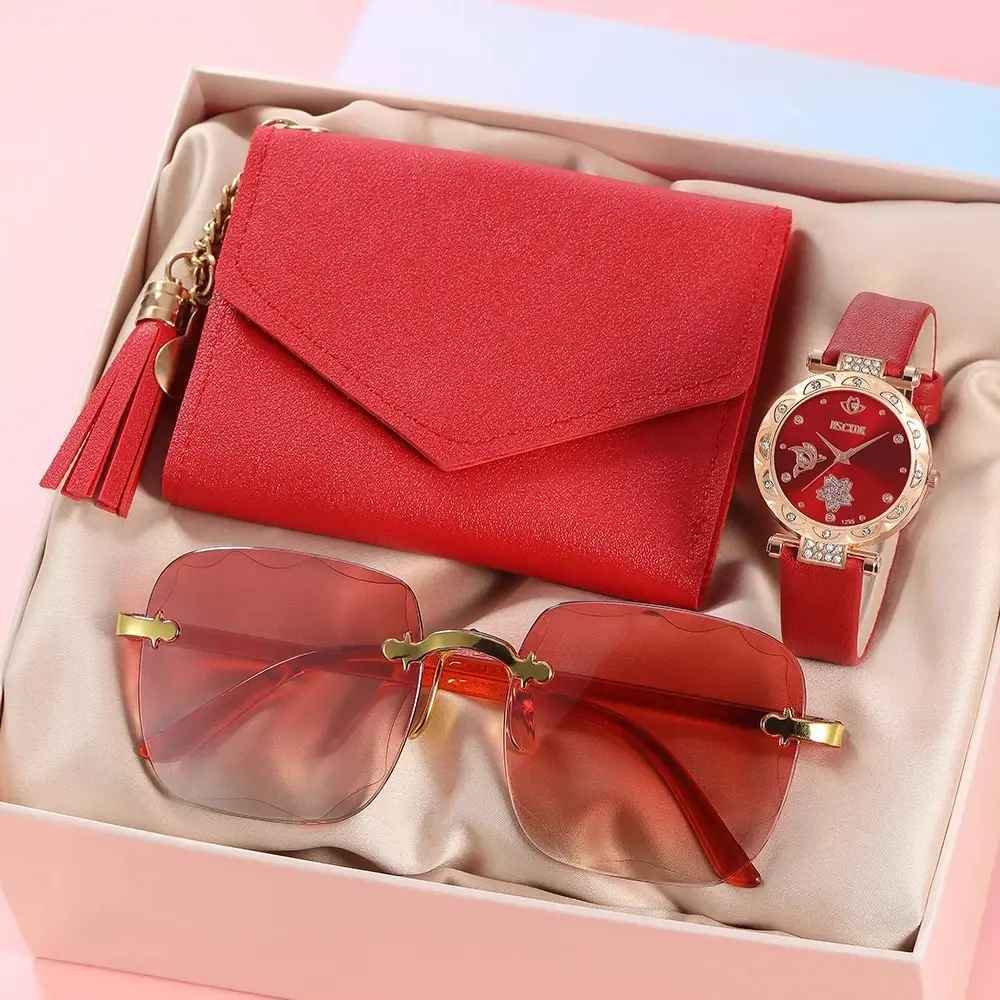 Women's Fashion Quartz Wristwatch, Sunglasses, and Leather Wallet Set Gift Box