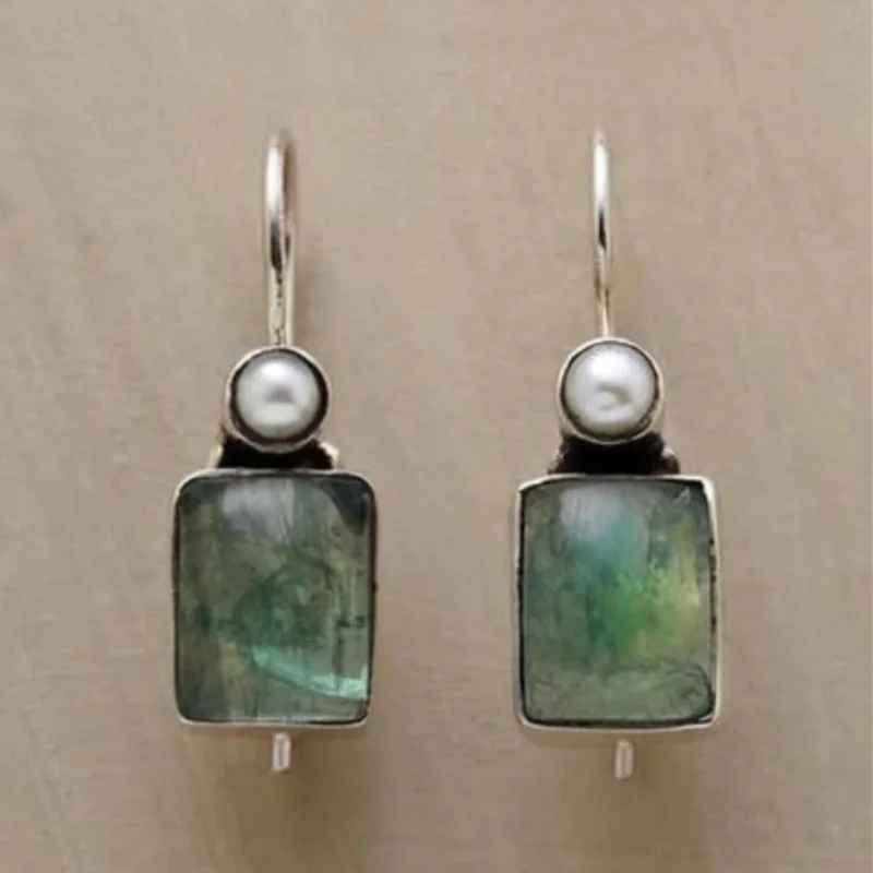 Retro Green Stone Square Pearl Dangling Earrings