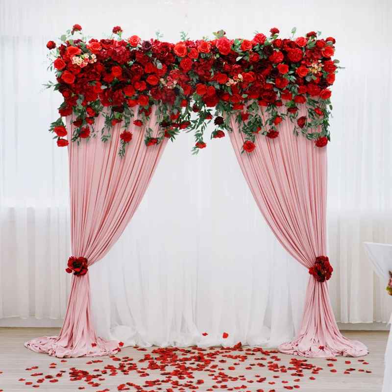 Luxury Hanging Red Fabric Rose Decor with Willow Leaves