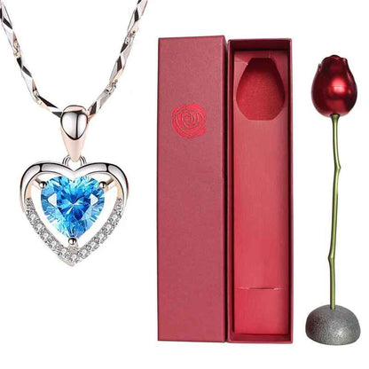 Sleek Love Heart Necklace with Rose Jewelry Gift Box