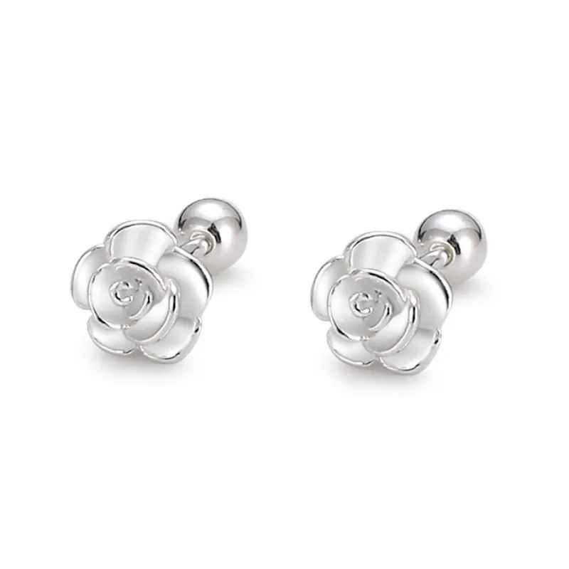 Sterling Silver Rose Plant Shell Flower Stud Earrings