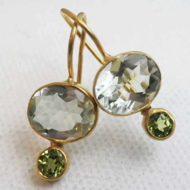 Vintage Geometric Green Round Stone Dangle Earrings