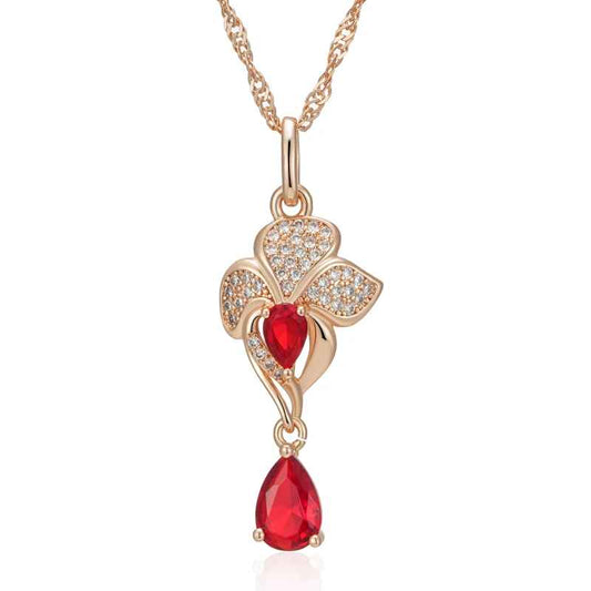 Natural Red Zircon Flower Pendant Necklace