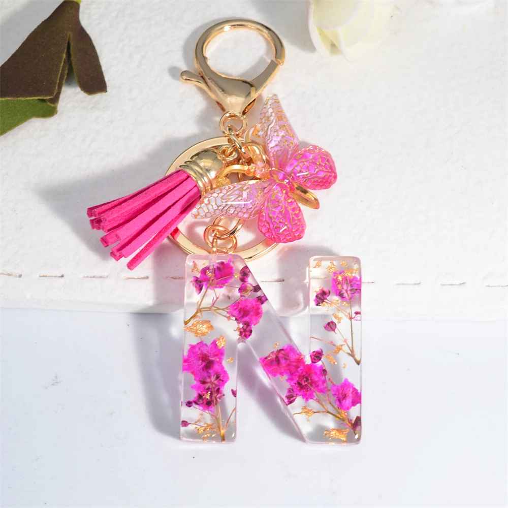 Exquisite Pink Dry Flower Resin A to Z Initial Keyring – Keychain with Butterfly Tassel