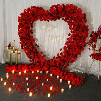 Luxury 5D Red Floral Arrangement with Heart-Shaped Frame Wedding Backdrop Decor