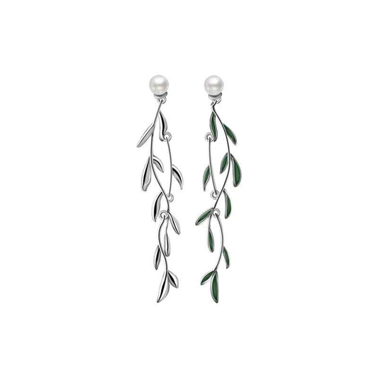 Sterling Silver Shell Beads Leaf Long Earrings