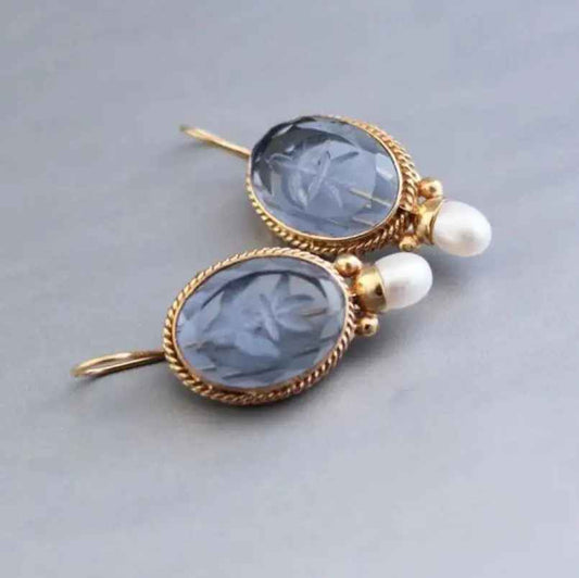 Delicate Oval Flower Shape Inlay Blue Stone Pearl Dangle Earrings