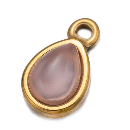 5pcs Stainless Steel Pink Quartz Water Drop Round Shape Pendants