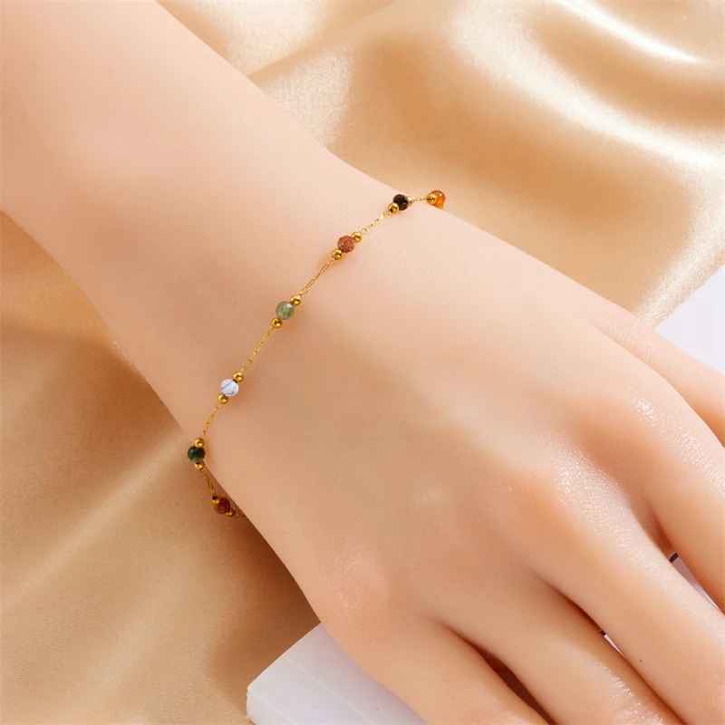 25.5cm Stainless Steel Natural Colored Beads Bracelet