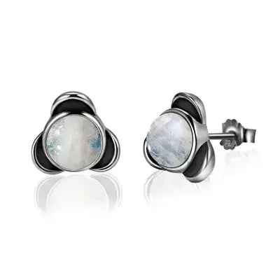 Sterling Silver Round Natural Moonstone Stud Earrings