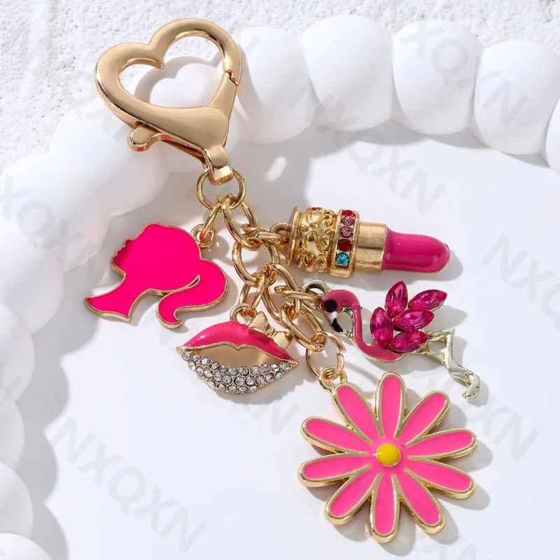 Pretty Rose Pink Bag Lips Flamingos Lipstick Enamel Keychain