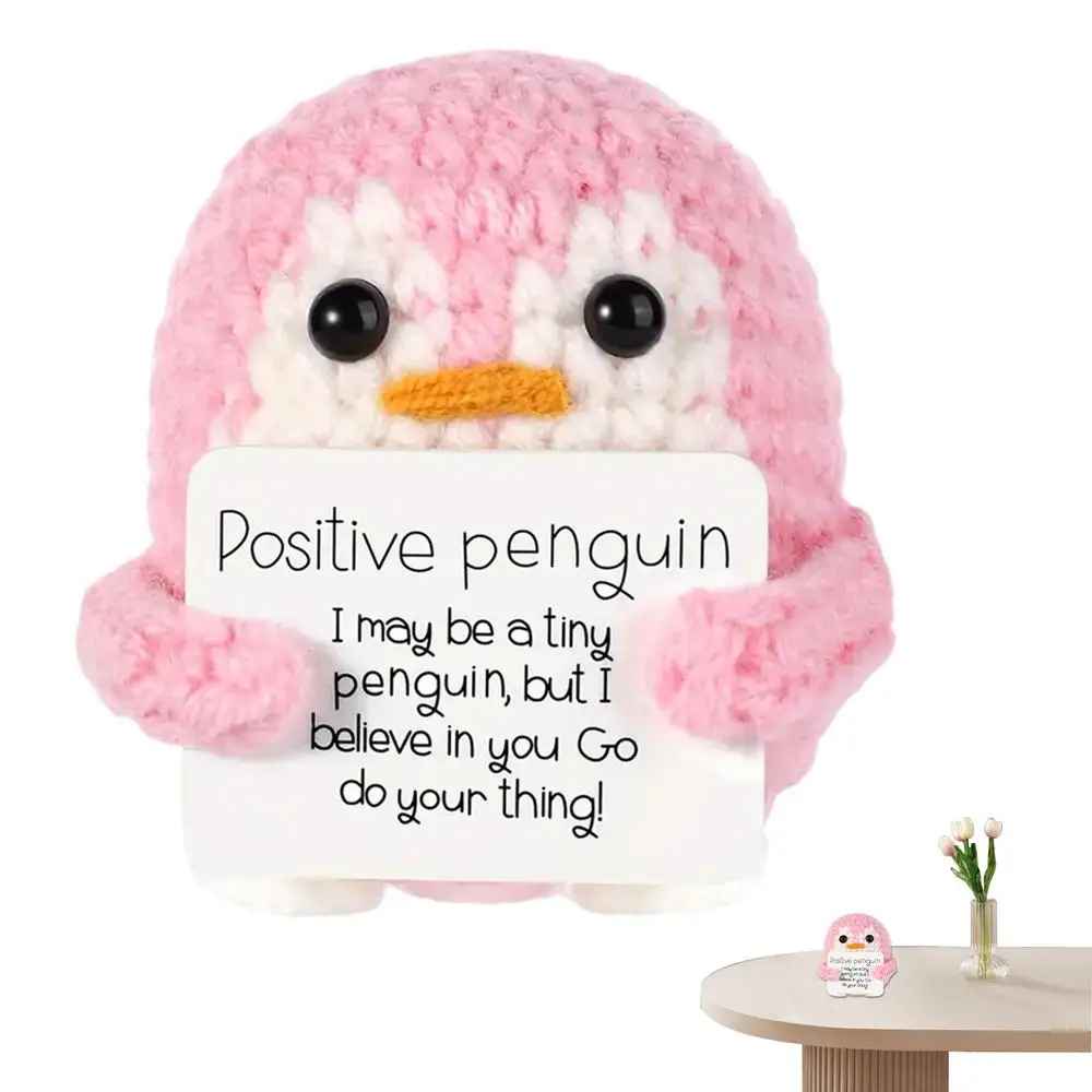 Cute Knitted Crochet Emotional Support Penguin Toy with Positive Card