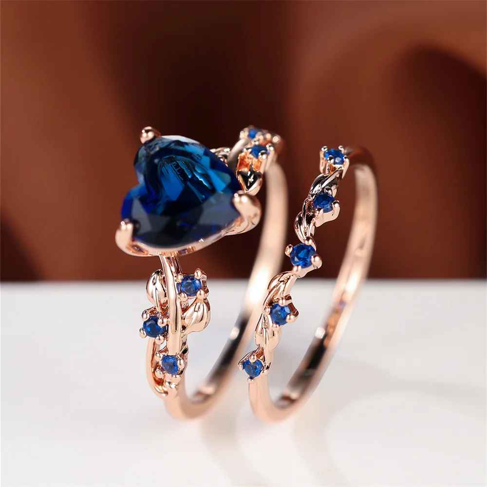 Luxury Brilliant Stone Heart Ring with Rose Gold Zircon Band Set