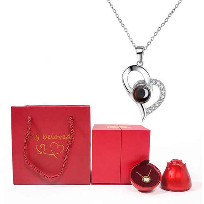 Romantic Heart Copper Projection Necklace with Rose Gift Box