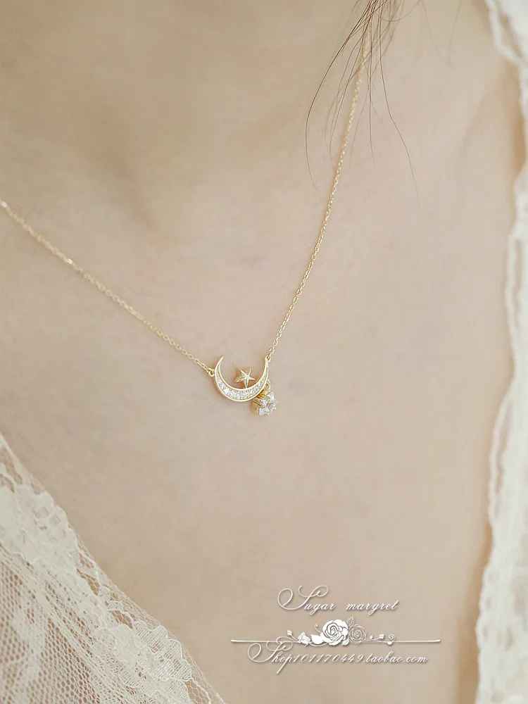 Gold Star Moon Sterling Silver Zircon Necklace