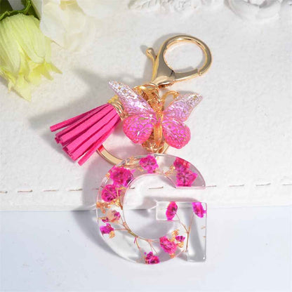 Exquisite Pink Dry Flower Resin A to Z Initial Keyring – Keychain with Butterfly Tassel