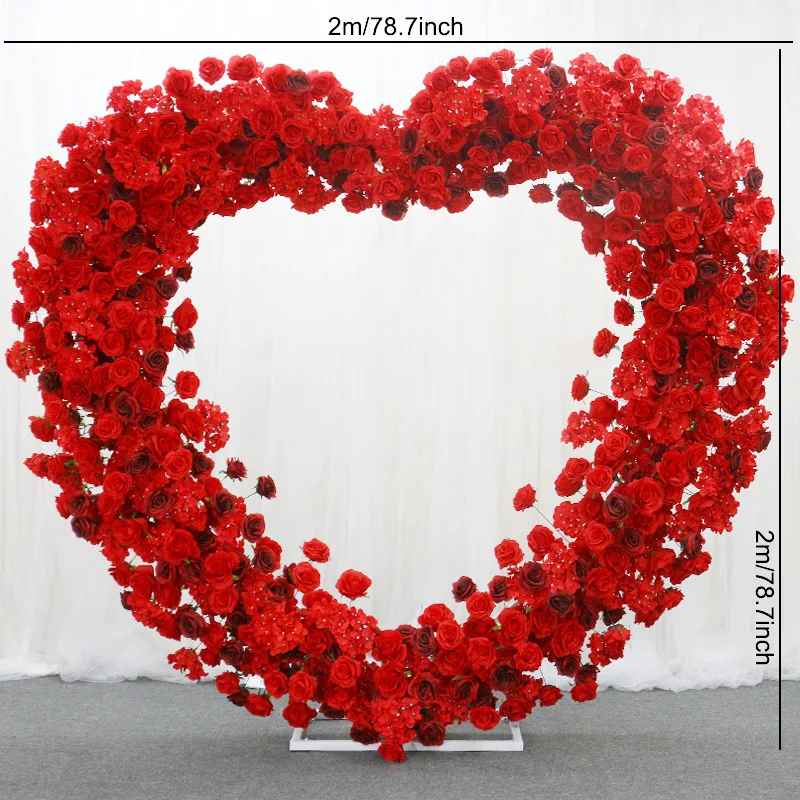 Luxury 5D Red Floral Arrangement with Heart-Shaped Frame Wedding Backdrop Decor