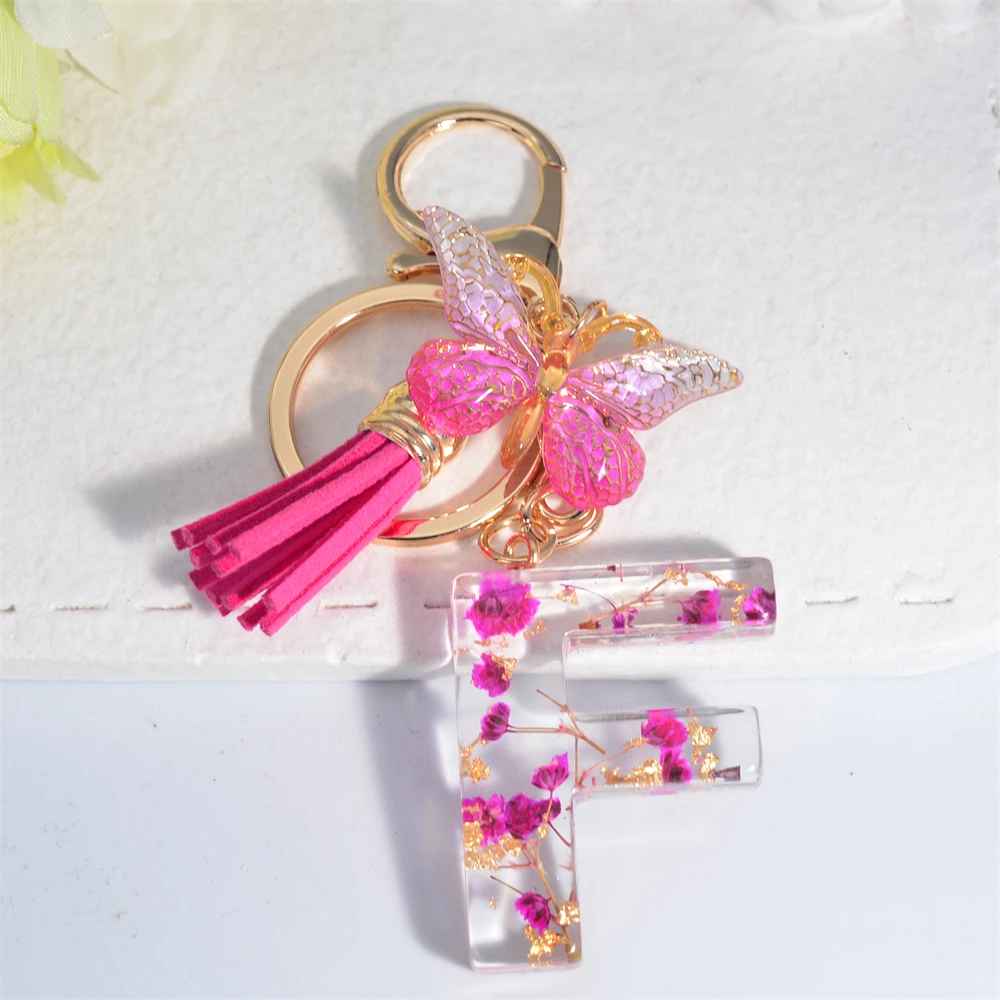 Exquisite Pink Dry Flower Resin A to Z Initial Keyring – Keychain with Butterfly Tassel