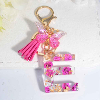 Exquisite Pink Dry Flower Resin A to Z Initial Keyring – Keychain with Butterfly Tassel