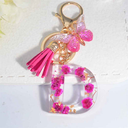 Exquisite Pink Dry Flower Resin A to Z Initial Keyring – Keychain with Butterfly Tassel