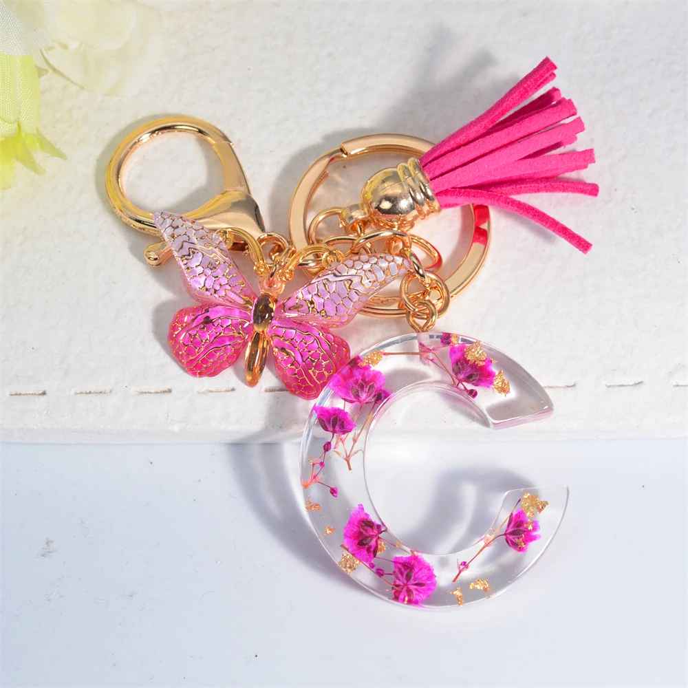 Exquisite Pink Dry Flower Resin A to Z Initial Keyring – Keychain with Butterfly Tassel