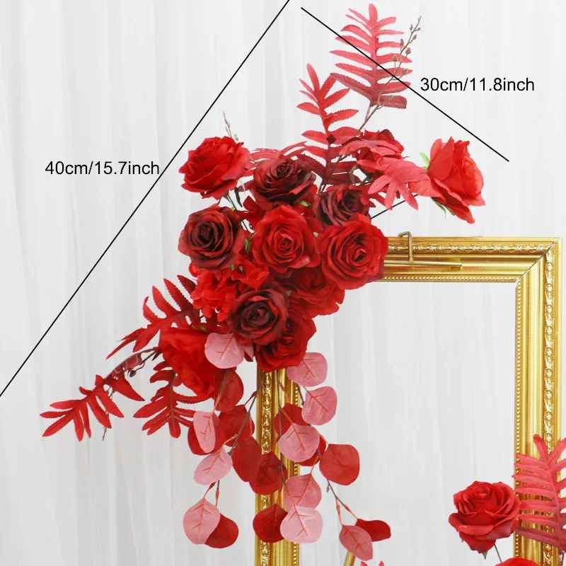 Luxury 5D Red Floral Arrangement with Heart-Shaped Frame Wedding Backdrop Decor