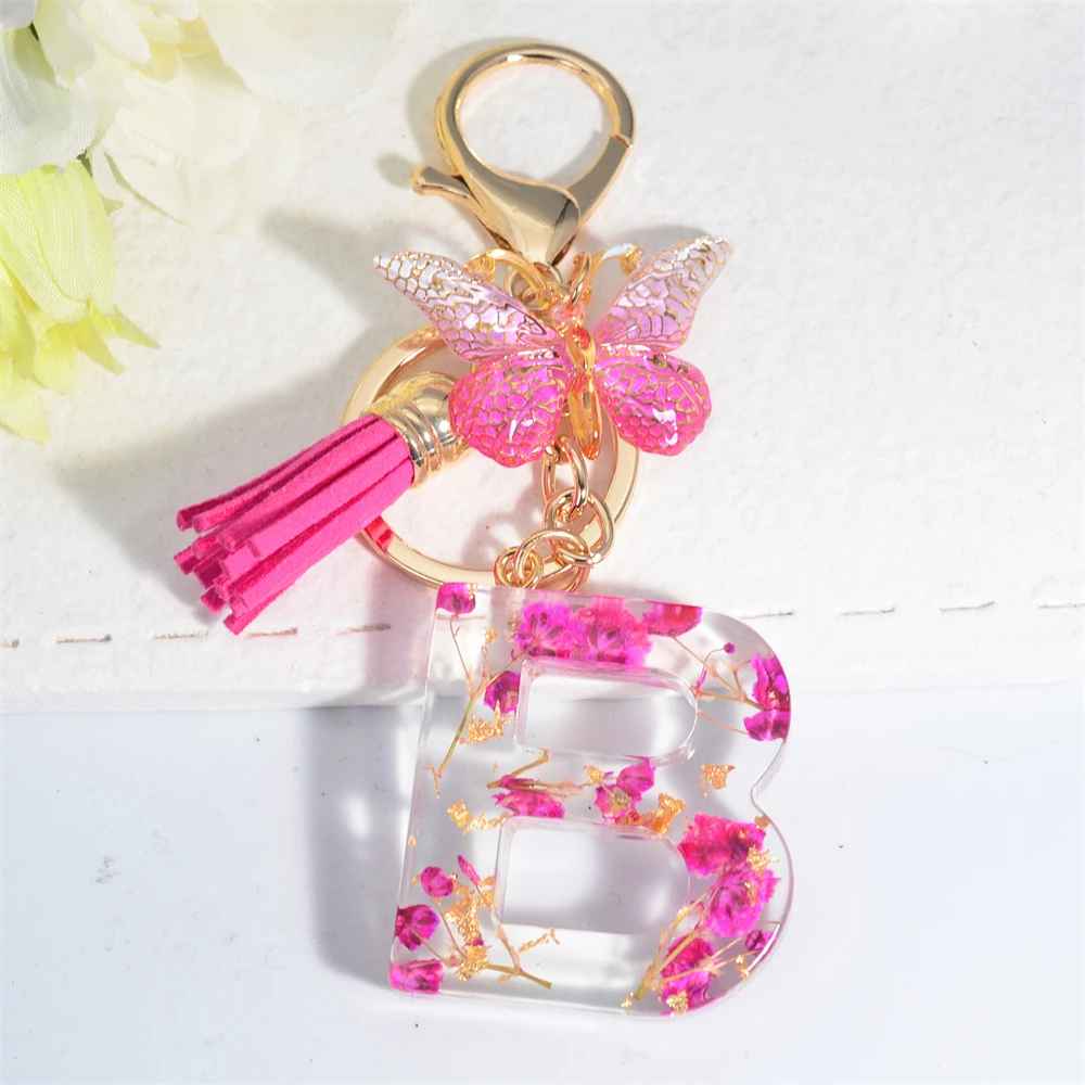 Exquisite Pink Dry Flower Resin A to Z Initial Keyring – Keychain with Butterfly Tassel