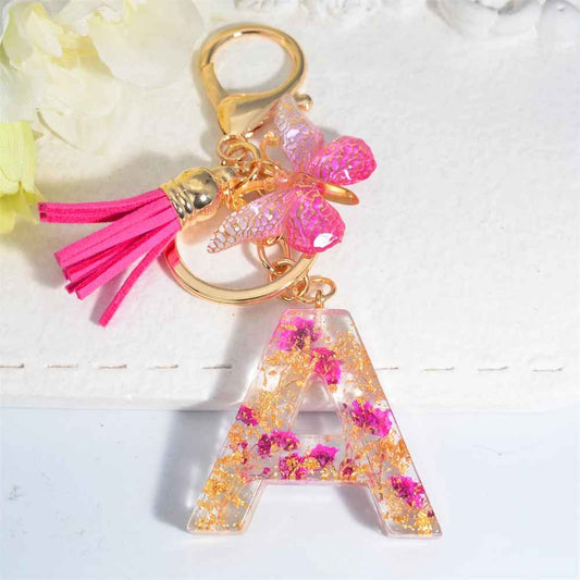 Exquisite Pink Dry Flower Resin A to Z Initial Keyring – Keychain with Butterfly Tassel