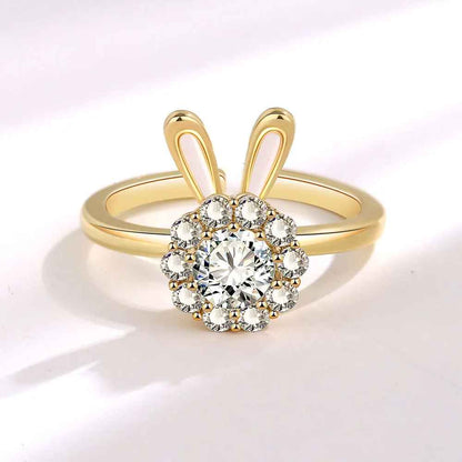 Mini Rabbit Crystal Flower Fidget Open Ring