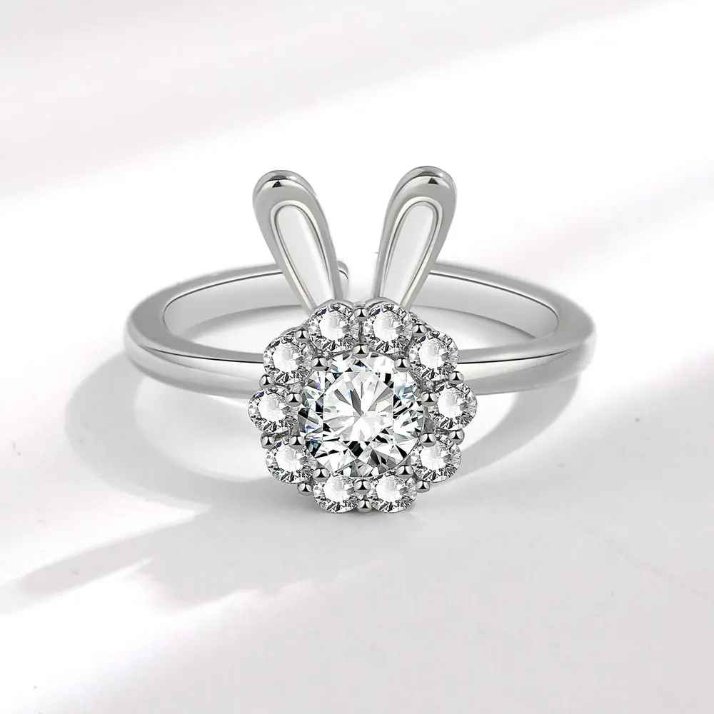 Mini Rabbit Crystal Flower Fidget Open Ring